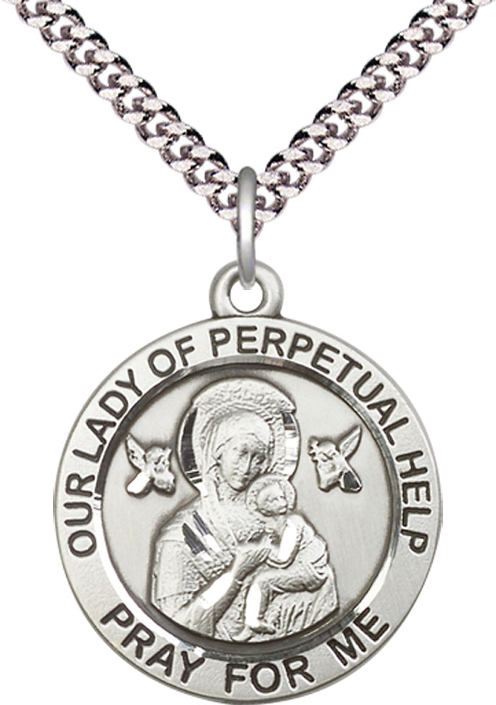 Sterling Silver Our Lady of Perpetual Help Pendant on a 24 inch Light Rhodium Heavy Curb chain