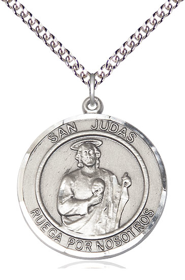 Sterling Silver San Judas Pendant on a 24 inch Sterling Silver Heavy Curb chain