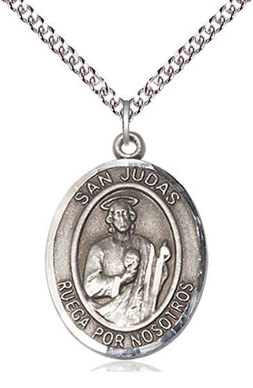 Sterling Silver San Judas Pendant on a 24 inch Sterling Silver Heavy Curb chain