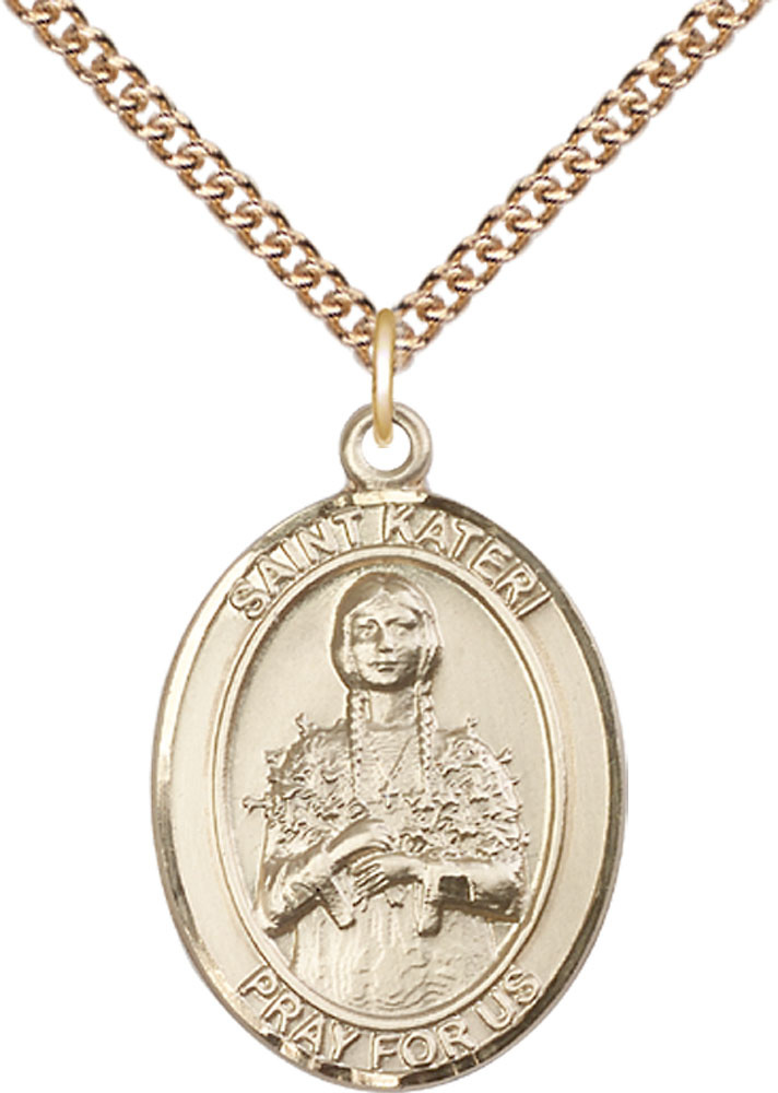 14kt Gold Filled Saint Kateri Tekakwitha Pendant on a 24 inch Gold Filled Heavy Curb chain