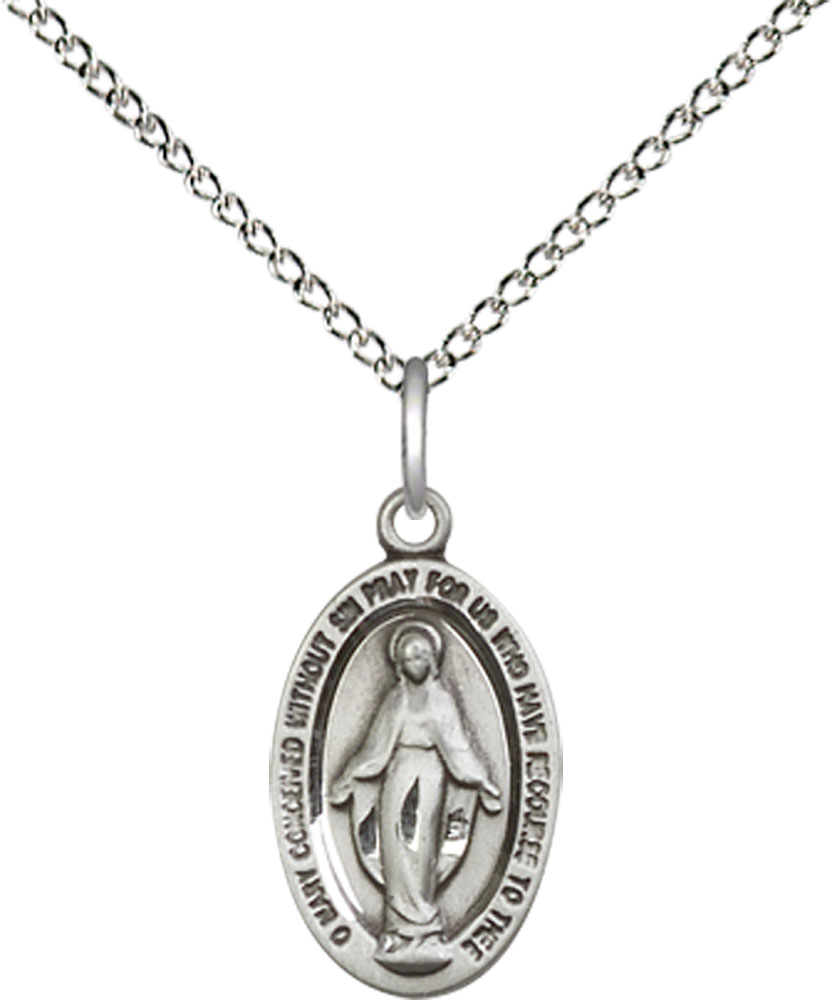 Sterling Silver Miraculous Pendant on a 18 inch Sterling Silver Light Curb chain