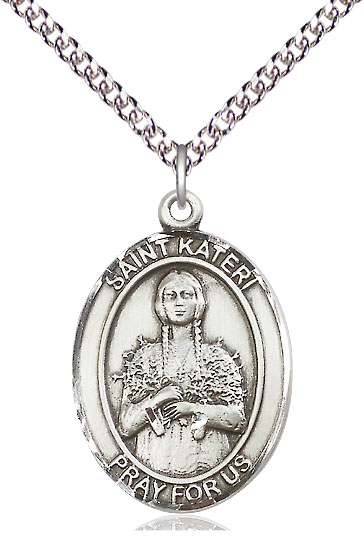 Sterling Silver Saint Kateri Tekakwitha Pendant on a 24 inch Sterling Silver Heavy Curb chain