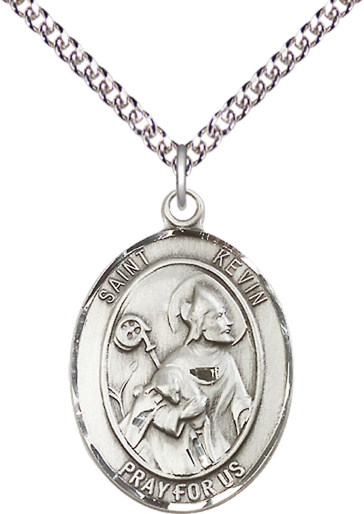 Sterling Silver Saint Kevin Pendant on a 24 inch Sterling Silver Heavy Curb chain