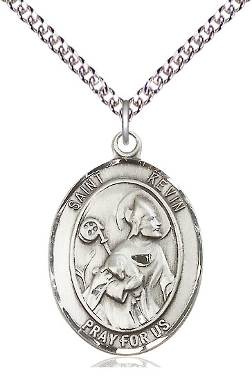 Sterling Silver Saint Kevin Pendant on a 24 inch Sterling Silver Heavy Curb chain