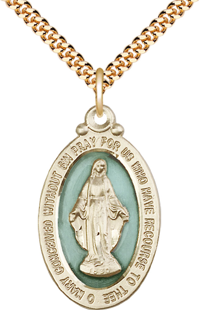 14kt Gold Filled Miraculous Pendant on a 24 inch Gold Plate Heavy Curb chain