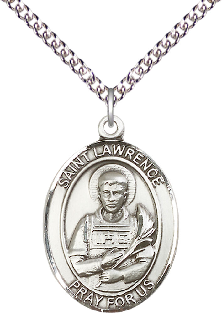 Sterling Silver Saint Lawrence Pendant on a 24 inch Sterling Silver Heavy Curb chain
