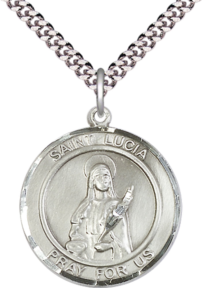Sterling Silver Saint Lucia of Syracuse Pendant on a 24 inch Light Rhodium Heavy Curb chain