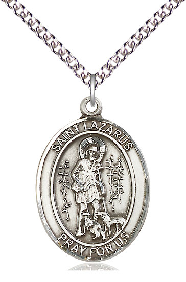 Sterling Silver Saint Lazarus Pendant on a 24 inch Sterling Silver Heavy Curb chain
