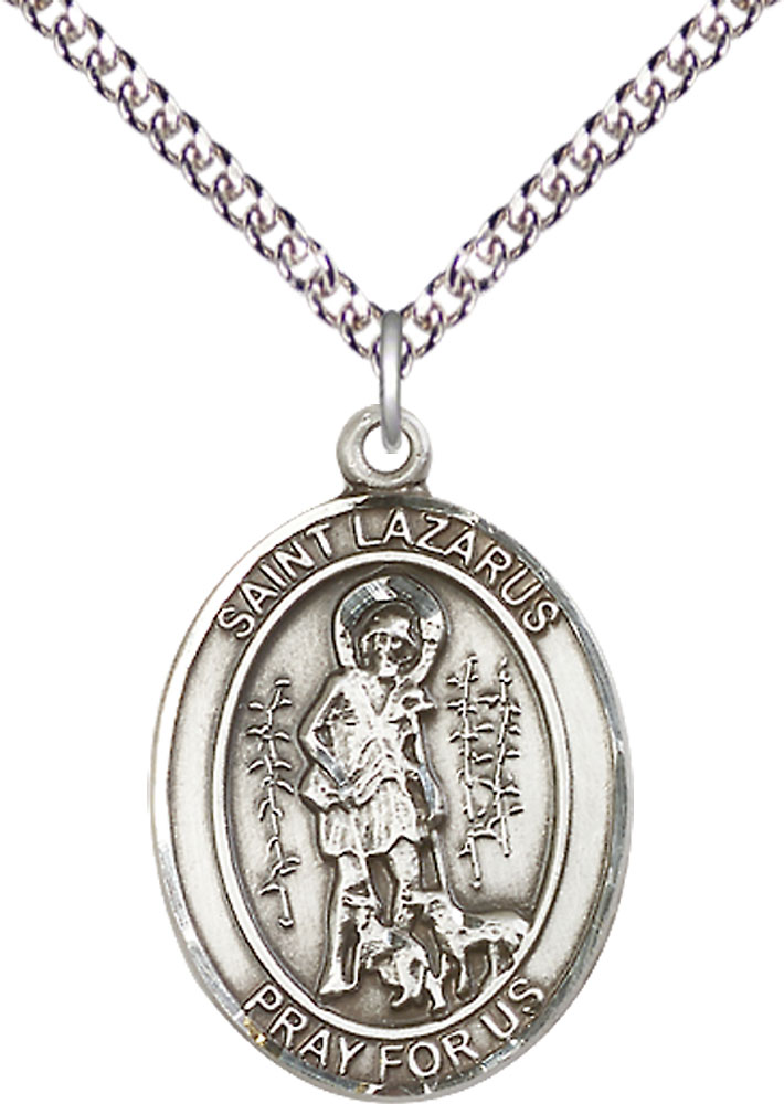 Sterling Silver Saint Lazarus Pendant on a 24 inch Sterling Silver Heavy Curb chain