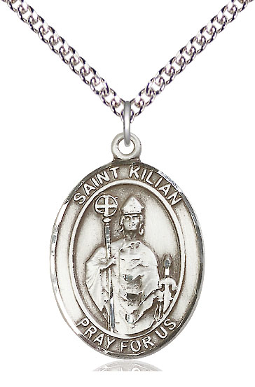 Sterling Silver Saint Kilian Pendant on a 24 inch Sterling Silver Heavy Curb chain