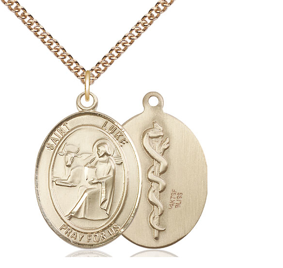 14kt Gold Filled Saint Luke the Apostle Doctor Pendant on a 24 inch Gold Filled Heavy Curb chain
