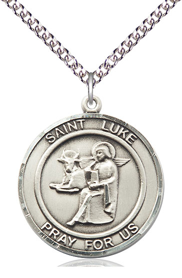 Sterling Silver Saint Luke the Apostle Pendant on a 24 inch Sterling Silver Heavy Curb chain