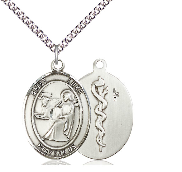 Sterling Silver Saint Luke the Apostle Doctor Pendant on a 24 inch Sterling Silver Heavy Curb chain