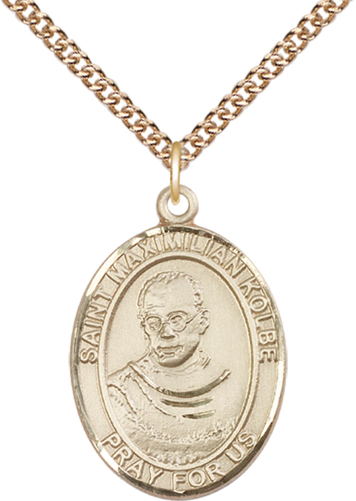 14kt Gold Filled Saint Maximilian Kolbe Pendant on a 24 inch Gold Filled Heavy Curb chain