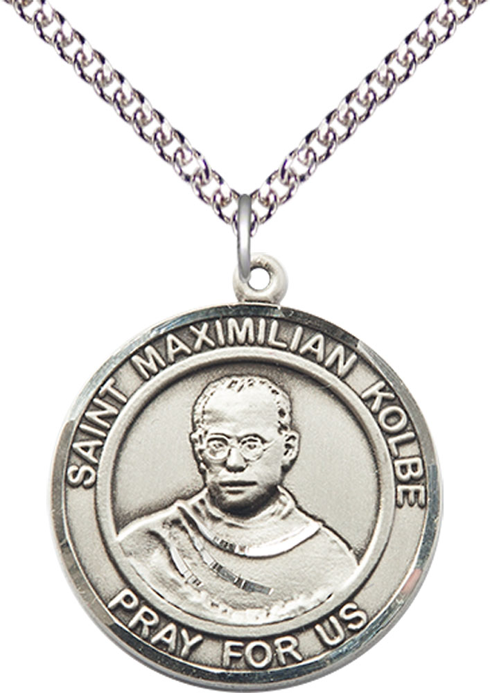 Sterling Silver Saint Maximilian Kolbe Pendant on a 24 inch Sterling Silver Heavy Curb chain