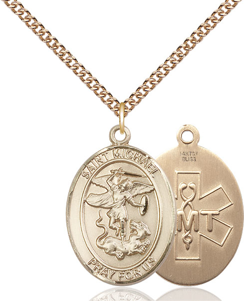 14kt Gold Filled Saint Michael EMT Pendant on a 24 inch Gold Filled Heavy Curb chain