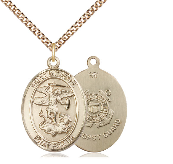 14kt Gold Filled Saint Michael Coast Guard Pendant on a 24 inch Gold Filled Heavy Curb chain