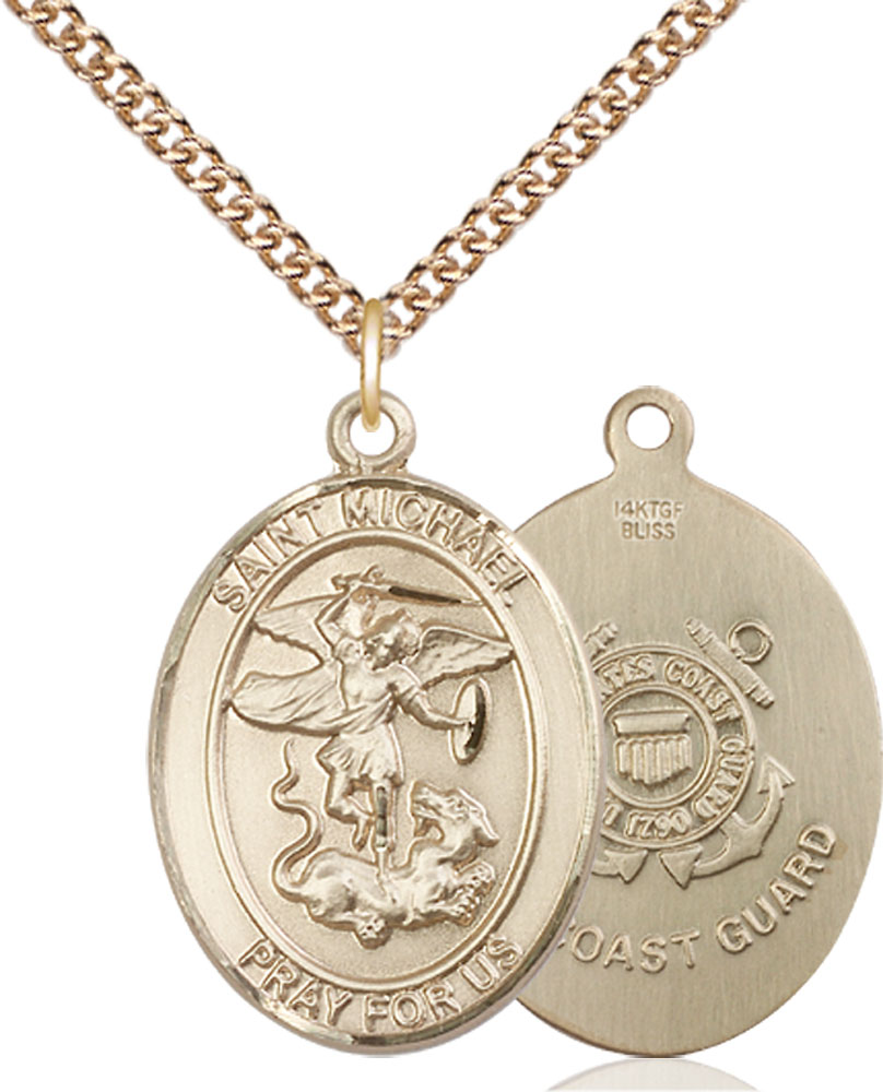 14kt Gold Filled Saint Michael Coast Guard Pendant on a 24 inch Gold Filled Heavy Curb chain