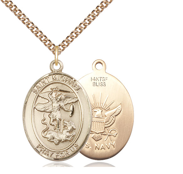 14kt Gold Filled Saint Michael Navy Pendant on a 24 inch Gold Filled Heavy Curb chain