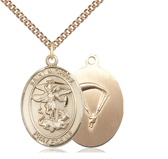 14kt Gold Filled Saint Michael Paratrooper Pendant on a 24 inch Gold Filled Heavy Curb chain