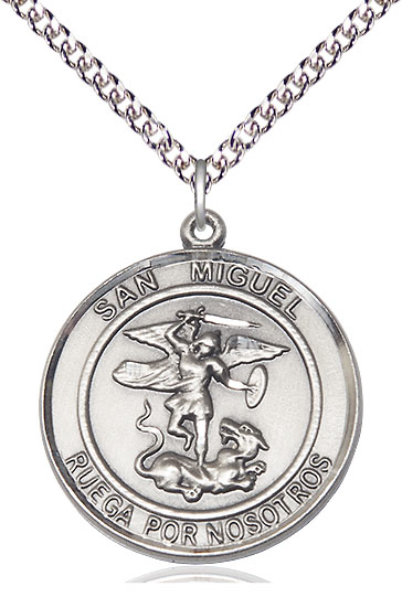 Sterling Silver San Miguel Arcangel Pendant on a 24 inch Sterling Silver Heavy Curb chain