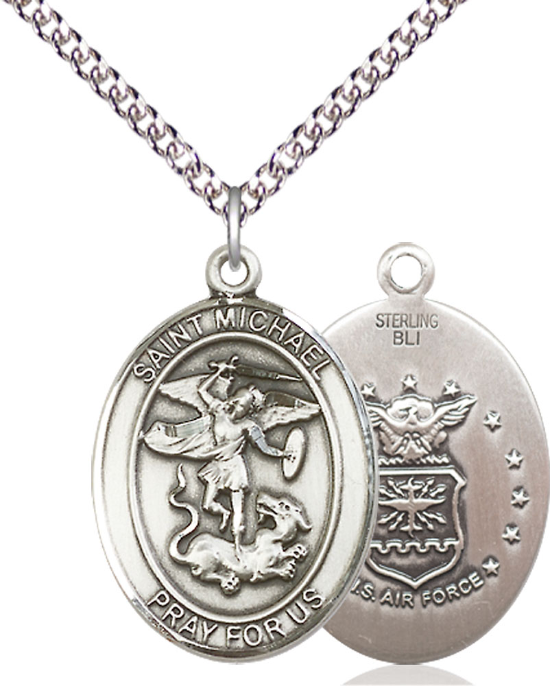 Sterling Silver Saint Michael Air Force Pendant on a 24 inch Sterling Silver Heavy Curb chain