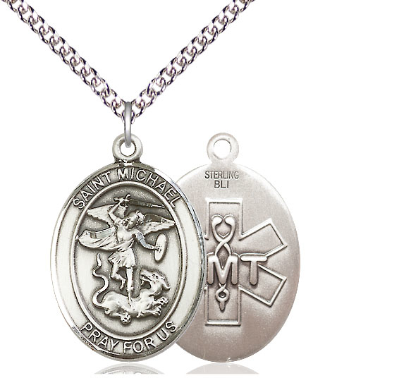 Sterling Silver Saint Michael EMT Pendant on a 24 inch Sterling Silver Heavy Curb chain