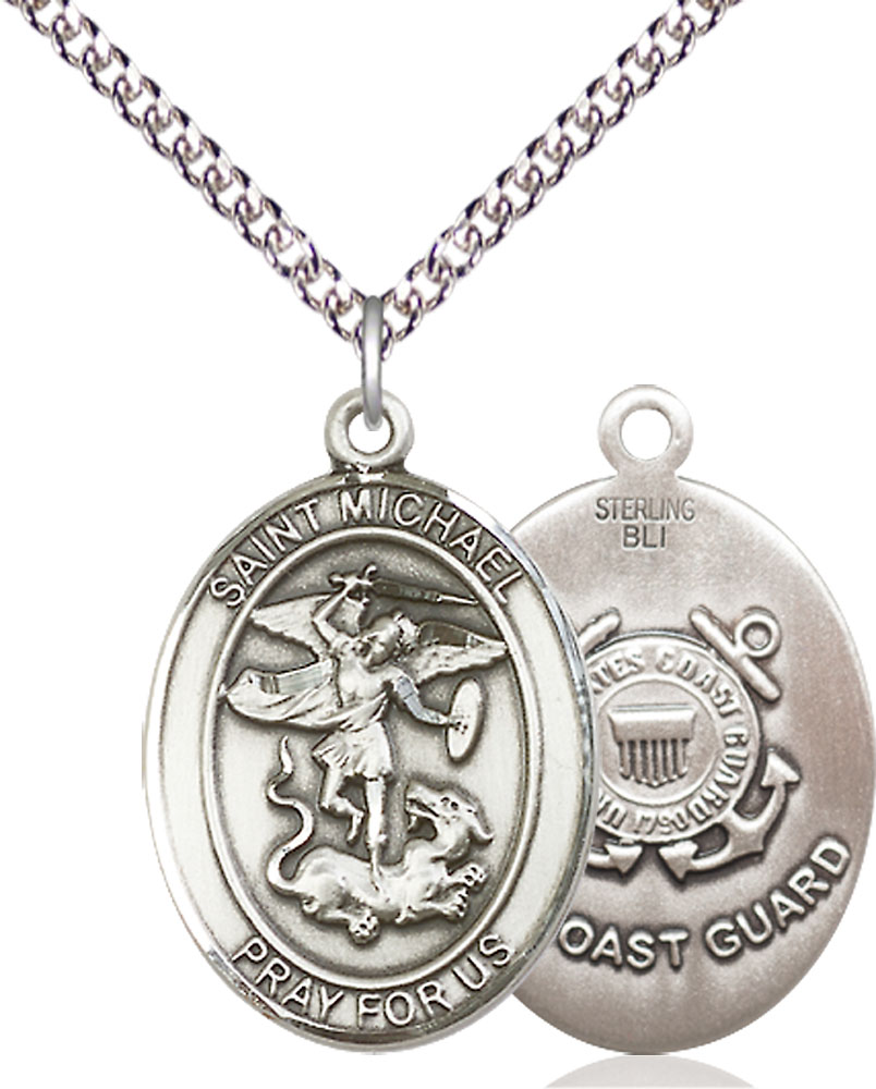 Sterling Silver Saint Michael Coast Guard Pendant on a 24 inch Sterling Silver Heavy Curb chain