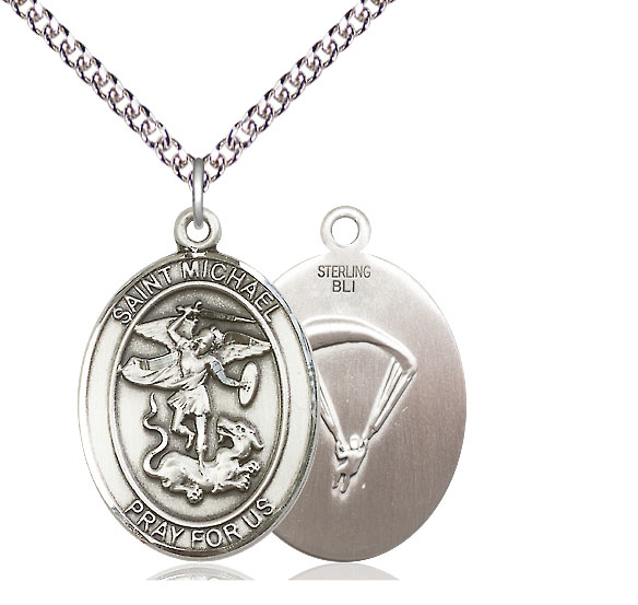 Sterling Silver Saint Michael Paratrooper Pendant on a 24 inch Sterling Silver Heavy Curb chain