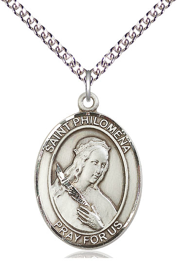 Sterling Silver Saint Philomena Pendant on a 24 inch Sterling Silver Heavy Curb chain