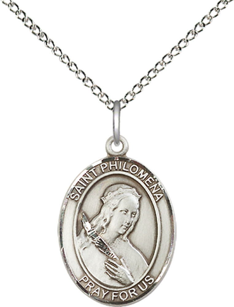 Sterling Silver Saint Philomena Pendant on a 18 inch Sterling Silver Light Curb chain