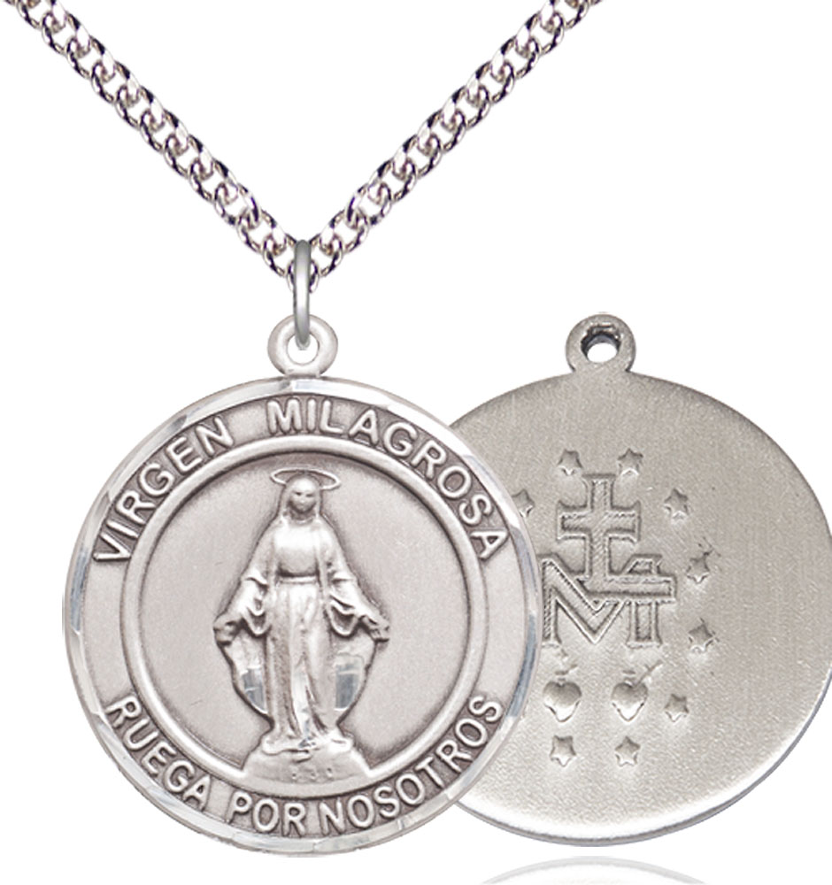 Sterling Silver Virgen Milagrosa Pendant on a 24 inch Sterling Silver Heavy Curb chain