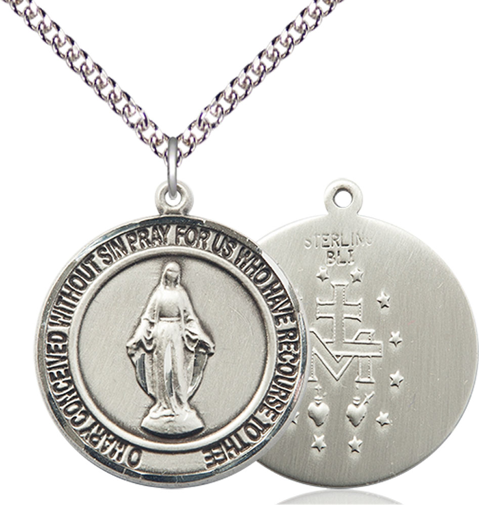 Sterling Silver Miraculous Pendant on a 24 inch Sterling Silver Heavy Curb chain