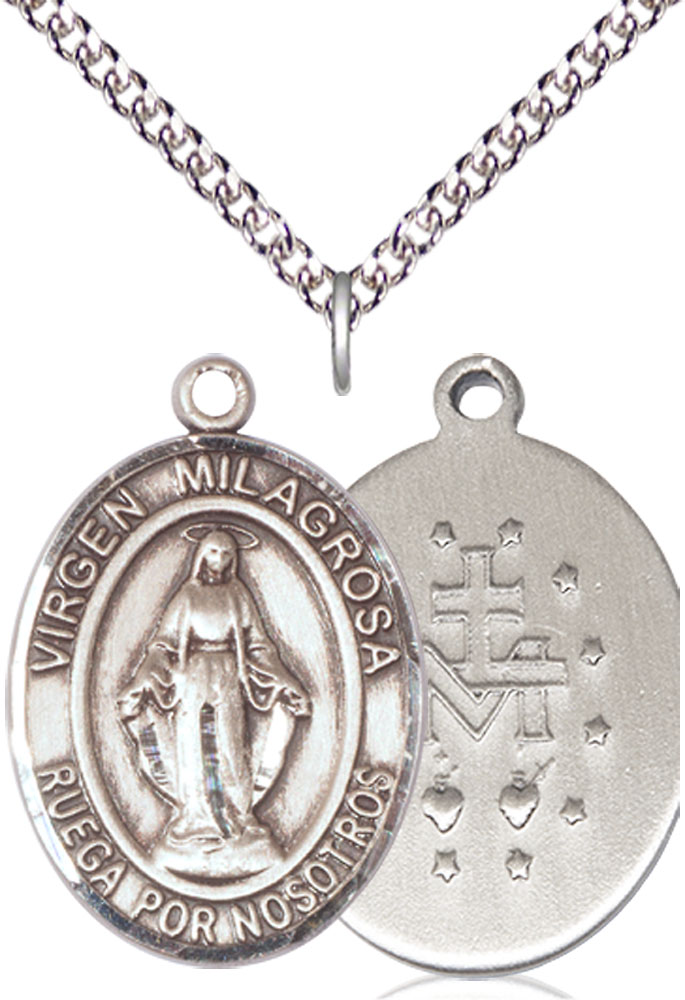 Sterling Silver Virgen Milagrosa Pendant on a 24 inch Sterling Silver Heavy Curb chain