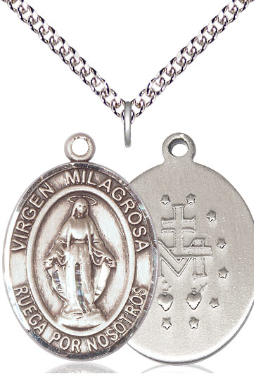 Sterling Silver Virgen Milagrosa Pendant on a 24 inch Sterling Silver Heavy Curb chain