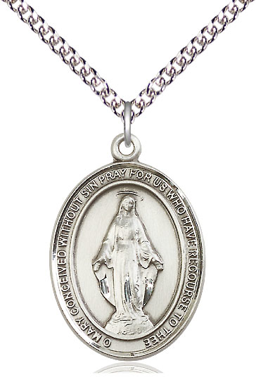 Sterling Silver Miraculous Pendant on a 24 inch Sterling Silver Heavy Curb chain