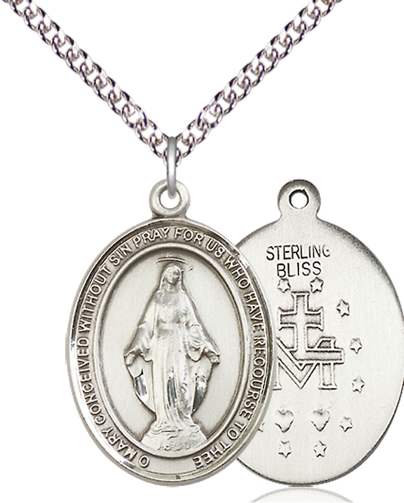 Sterling Silver Miraculous Pendant on a 24 inch Sterling Silver Heavy Curb chain