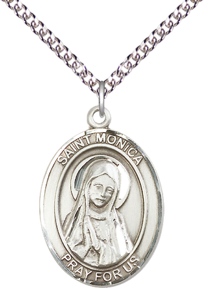 Sterling Silver Saint Monica Pendant on a 24 inch Sterling Silver Heavy Curb chain