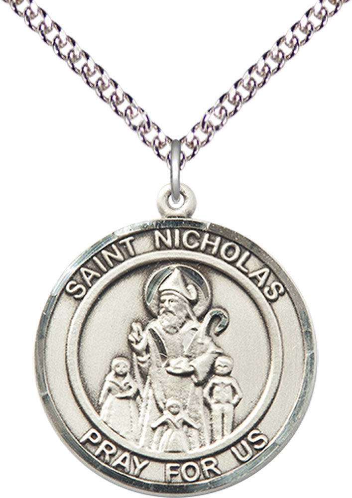 Sterling Silver Saint Nicholas Pendant on a 24 inch Sterling Silver Heavy Curb chain
