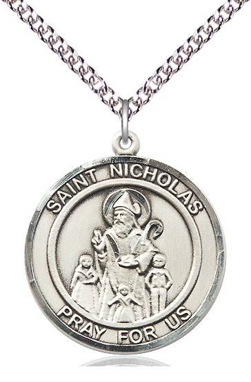 Sterling Silver Saint Nicholas Pendant on a 24 inch Sterling Silver Heavy Curb chain