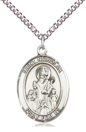 Sterling Silver Saint Nicholas Pendant on a 24 inch Sterling Silver Heavy Curb chain