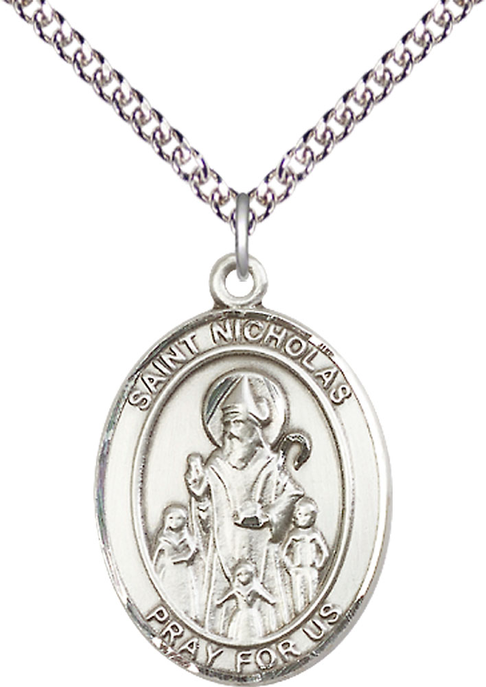 Sterling Silver Saint Nicholas Pendant on a 24 inch Sterling Silver Heavy Curb chain