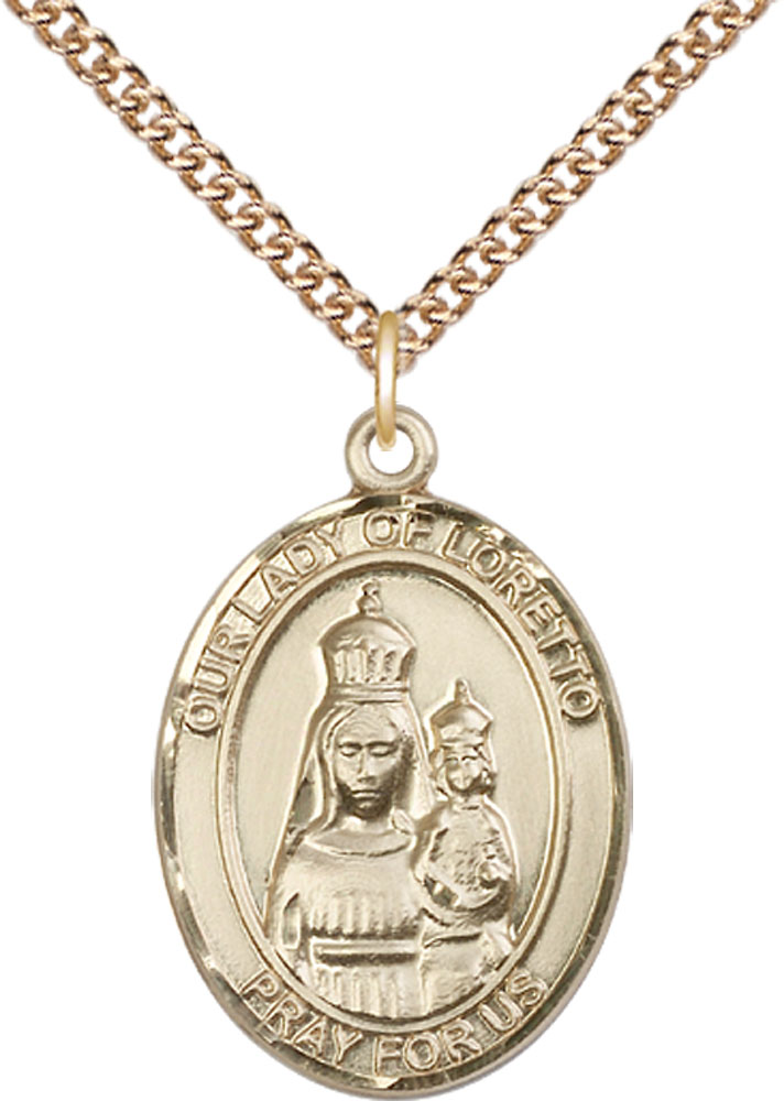 14kt Gold Filled Our Lady of Loretto Pendant on a 24 inch Gold Filled Heavy Curb chain