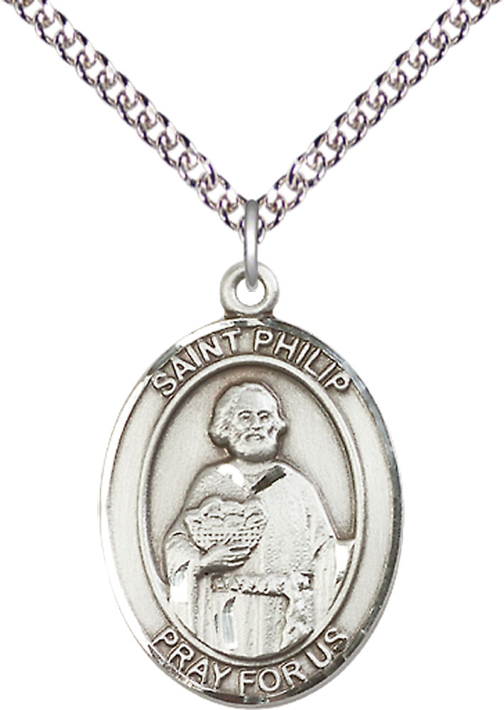 Sterling Silver Saint Philip the Apostle Pendant on a 24 inch Sterling Silver Heavy Curb chain
