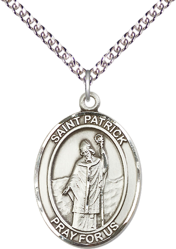 Sterling Silver Saint Patrick Pendant on a 24 inch Sterling Silver Heavy Curb chain