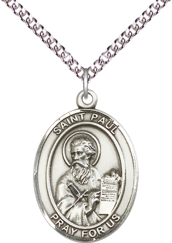 Sterling Silver Saint Paul the Apostle Pendant on a 24 inch Sterling Silver Heavy Curb chain