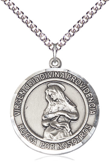Sterling Silver Virgen Divina Providencia Pendant on a 24 inch Sterling Silver Heavy Curb chain
