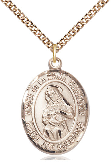14kt Gold Filled Virgen de la Divina Pendant on a 24 inch Gold Filled Heavy Curb chain