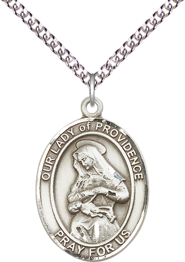 Sterling Silver Our Lady of Providence Pendant on a 24 inch Sterling Silver Heavy Curb chain