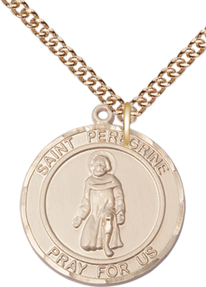 14kt Gold Filled Saint Peregrine Pendant on a 24 inch Gold Filled Heavy Curb chain